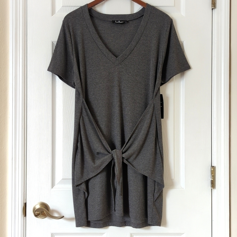 Lulus Live In Love Ribbed Knit V-neck Tie Knot Front Mini T-shirt Dress Gray M